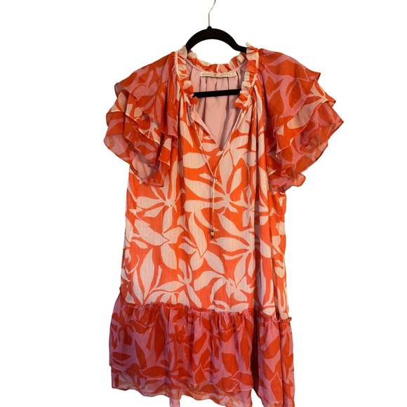 Marie Oliver Dresses & Skirts - Marie Oliver‎ Women's Ruffle Sleeve Mini Dress Orange Pink Leaf Print Size Large